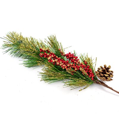 Pick navideño tallo 60 cm – pino y bayas doradas Celina