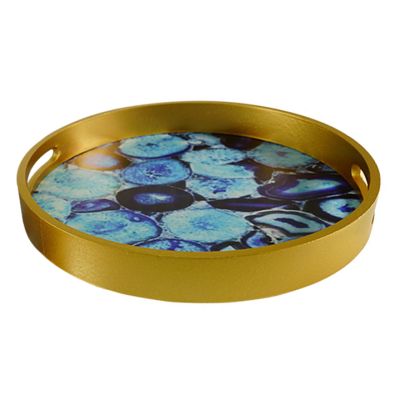 Bandeja Decorativa Madera Redonda 35cm Dorada/Turquesa ISV
