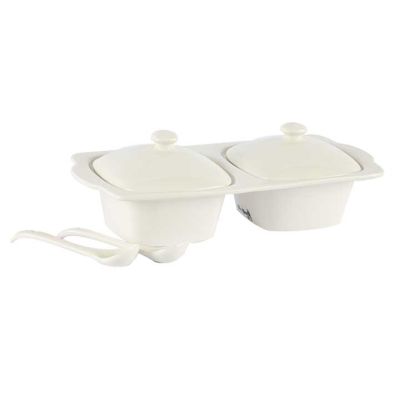 Porta Salsas Cerámica 2 Piezas con Cuchara KH 136963 – Servicio de Mesa