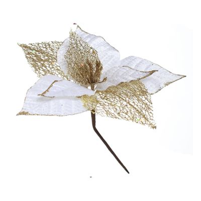 Flor navideña Poinsetia 25 cm – blanco y dorado Miro