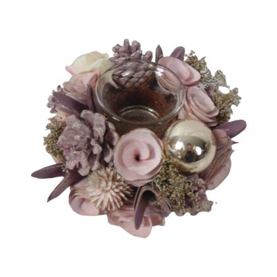 Portavela Navideño 16cm Flores Rosadas Santini 2200051 – Decoración Festiva