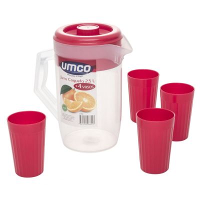 Set Jarra Plástica 2.5L + 4 Vasos Coqueta UMCO 6611 – Servicio Completo