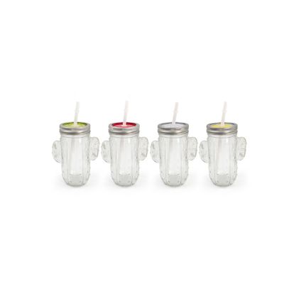 Set Jarros Vidrio 4 Piezas Cactus con Sorbete 8oz WP 3281 – Estilo Divertido
