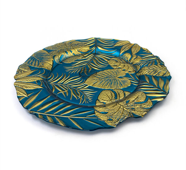 Plato Base Vidrio Hojas-33Cm (Dorado/Turquesa) 1y33466 HOME LIFE (205471)