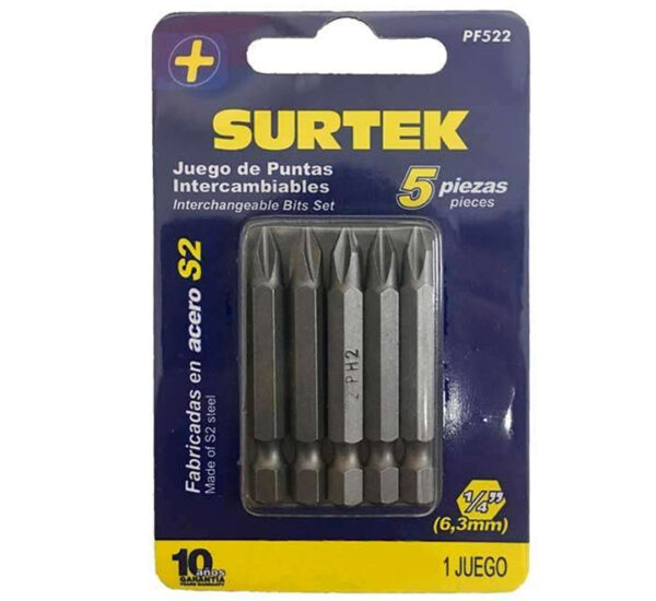 Kit 5 Puntas Phillips #2x2 Pulgadas Hexagonal 1/4 Pulgadas SURTEK (PF522)