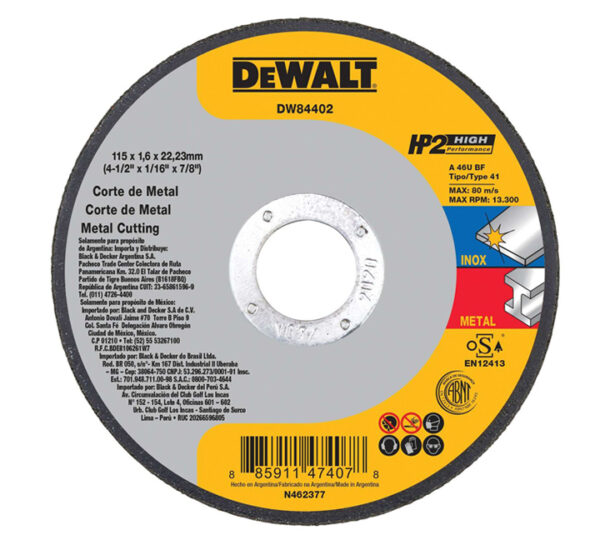 Disco Corte (Acero Inoxidable) Plano 4-1/2x1/16x7/8 Pulgadas HP2 DeWALT (DW84402)
