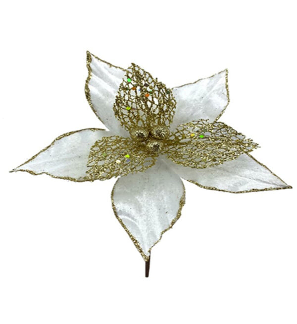 Flor Navideña Poinsetia 20Cm Blanco-Dorado MIRO(204681)(24087)